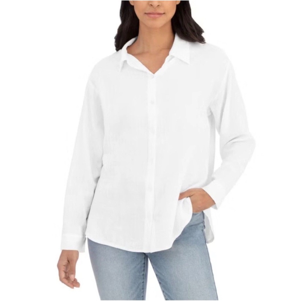 BlankNYC Womens White Linen Blend Long Sleeve Button Down Shirt •M• Coastal Boho
